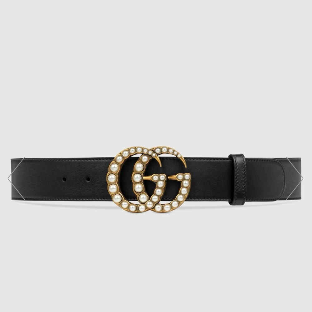 Gucci Black Leather Belt with Pearl GG Buckle